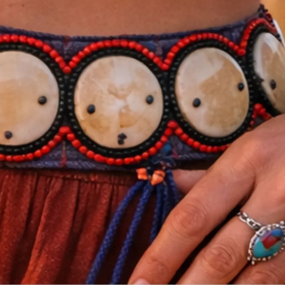 Hand crafted Mexican beaded and Stone fabric wide tie belt red black Vintage